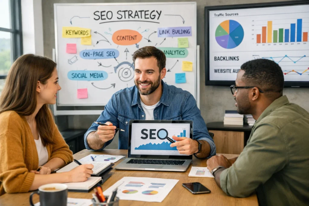 Digital marketing team meeting with an SEO specialist in New York City, N