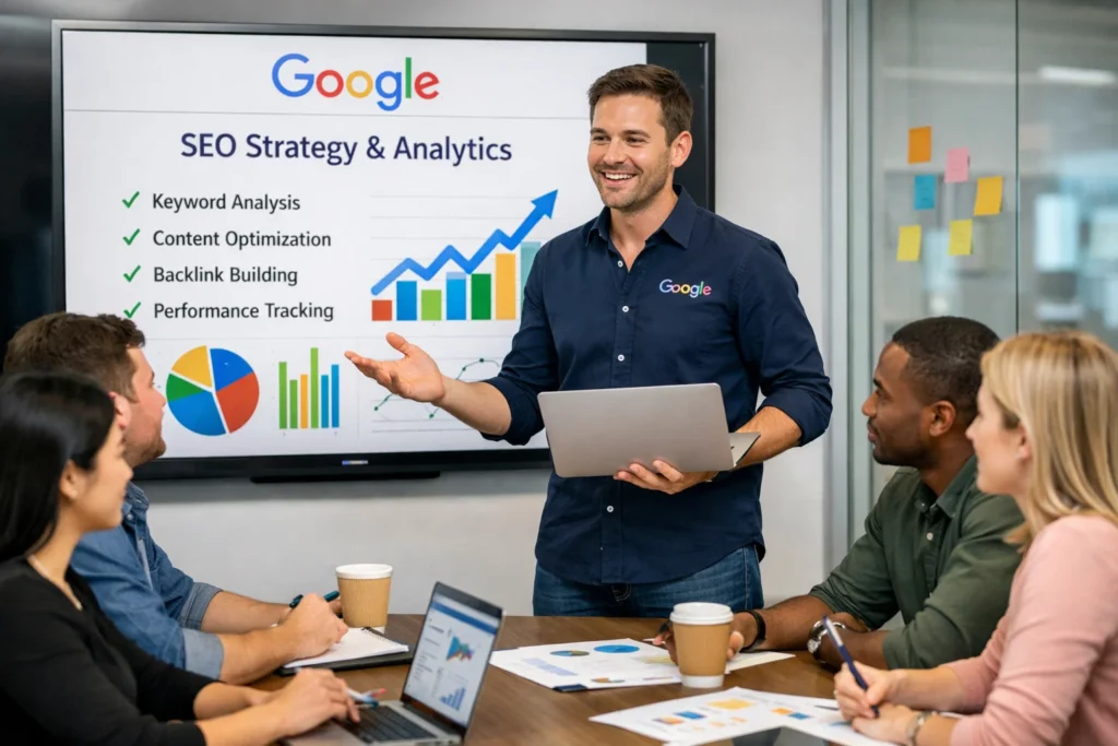 Google SEO expert leading a team meeting in Denver, CO office