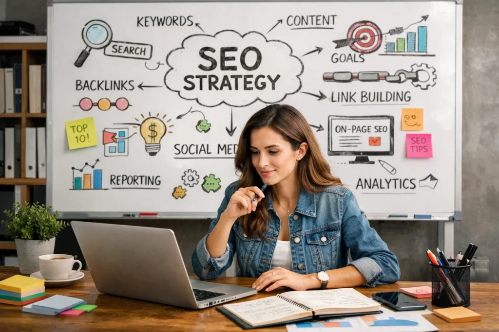 Marketing professional strategizing SEO performance in a New York City, NY office.