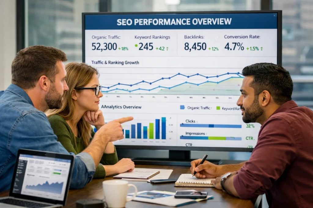Marketing professionals evaluating SEO campaign results in Denver, CO