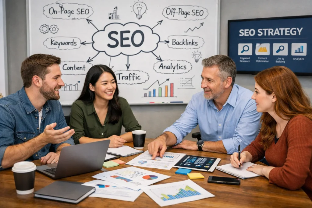 Office meeting of SEO experts planning campaigns in NYC, NY.