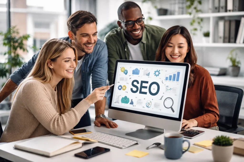 SEO expert collaborating with team in a modern New York City, NY office