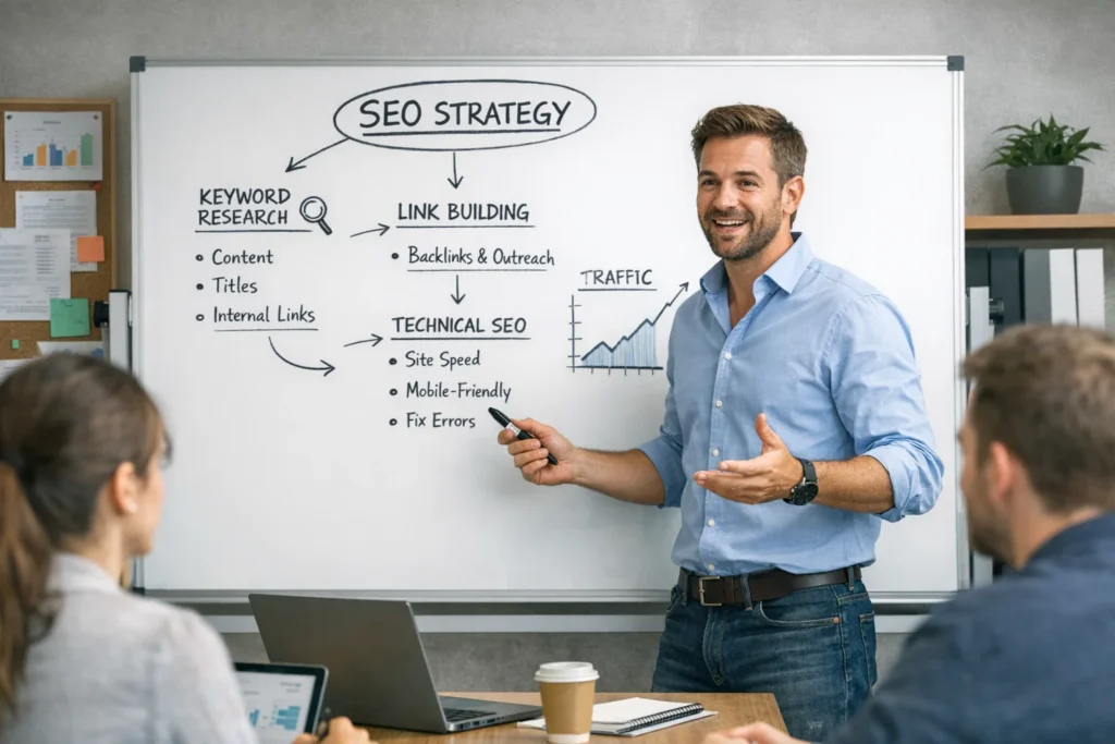 SEO expert explaining digital marketing strategy in NYC NY office meeting