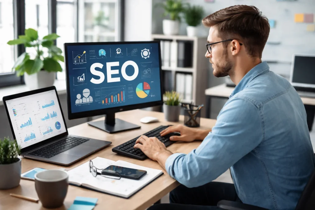 SEO expert working in a modern office in NYC, NY