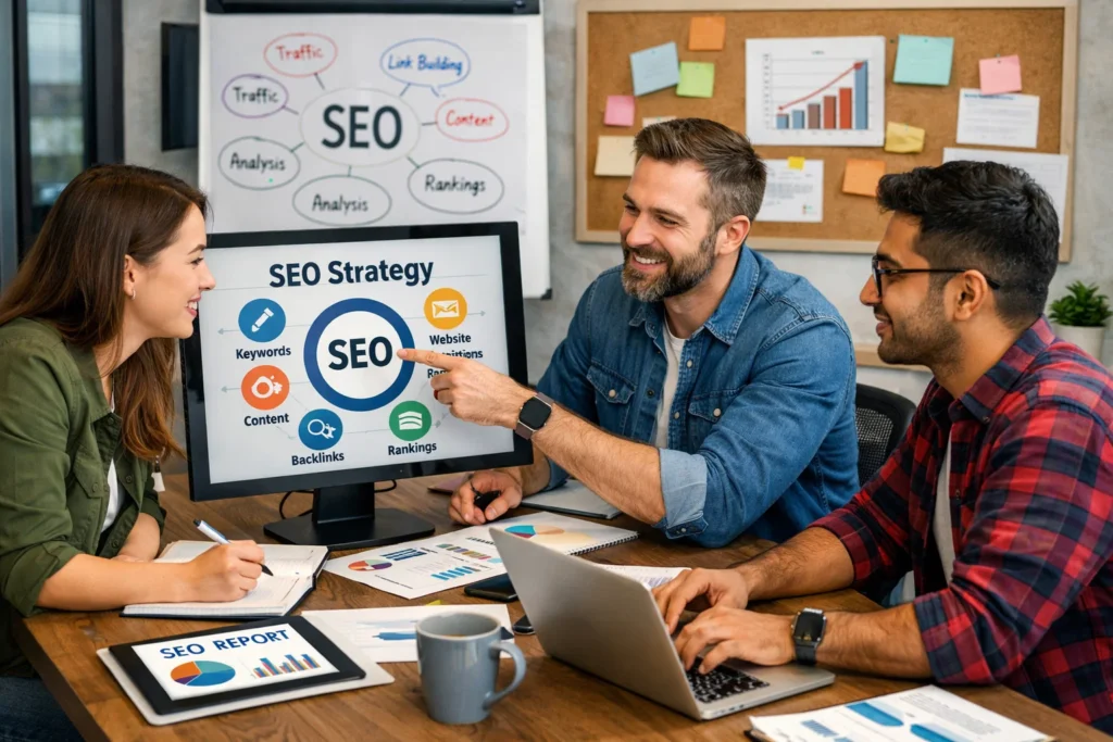 SEO specialist collaborating with team on digital strategy in NYC, NY