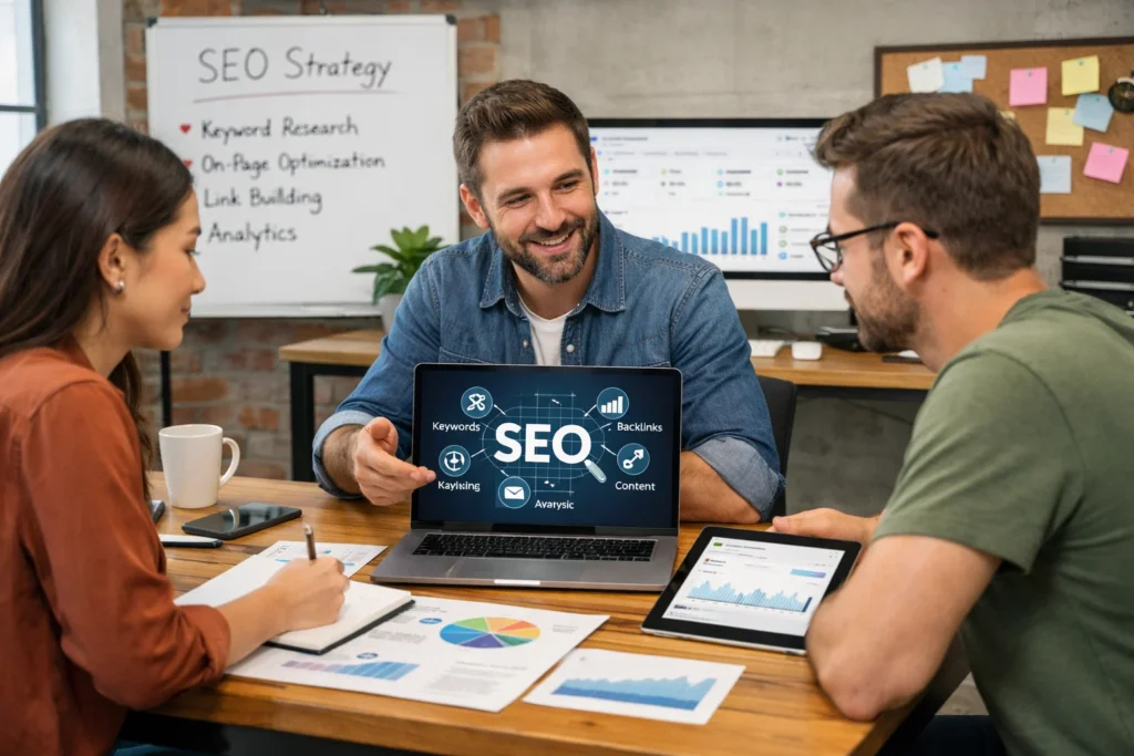 SEO specialist reviewing analytics with team in NYC, NY workspace