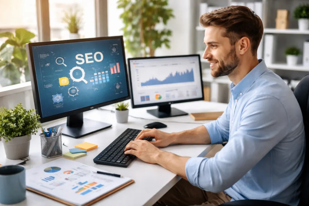 SEO specialist working at an office desk in Los Angeles CA