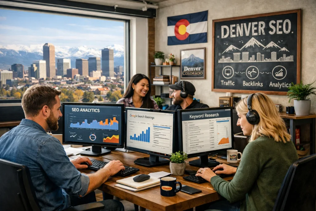 SEO specialists collaborating in a Denver, Colorado office workspace.