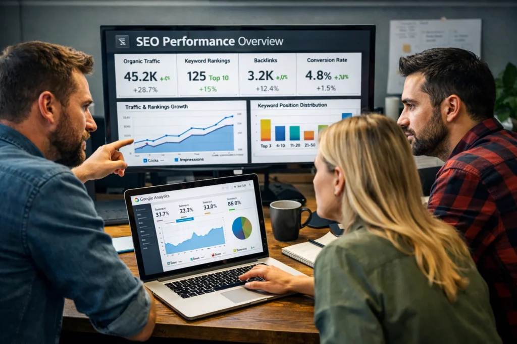 SEO specialists examining website performance metrics in Denver, CO