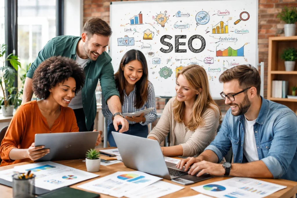SEO team collaborating around a workspace in a Denver, CO office