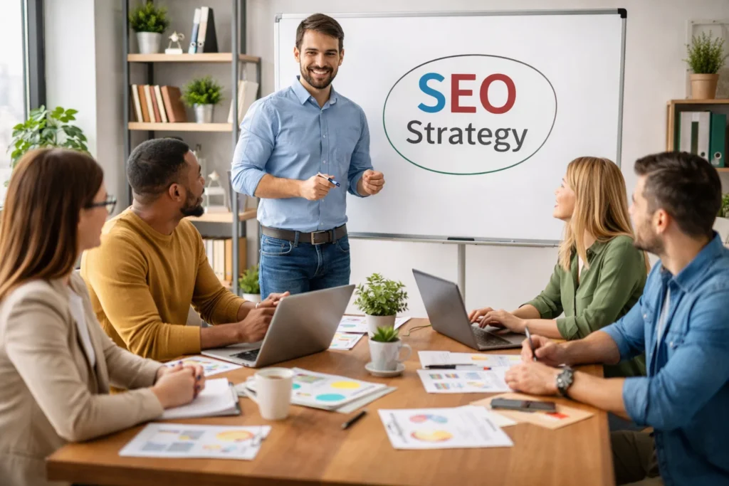 SEO team discussing keyword strategy and analytics in NYC, NY.