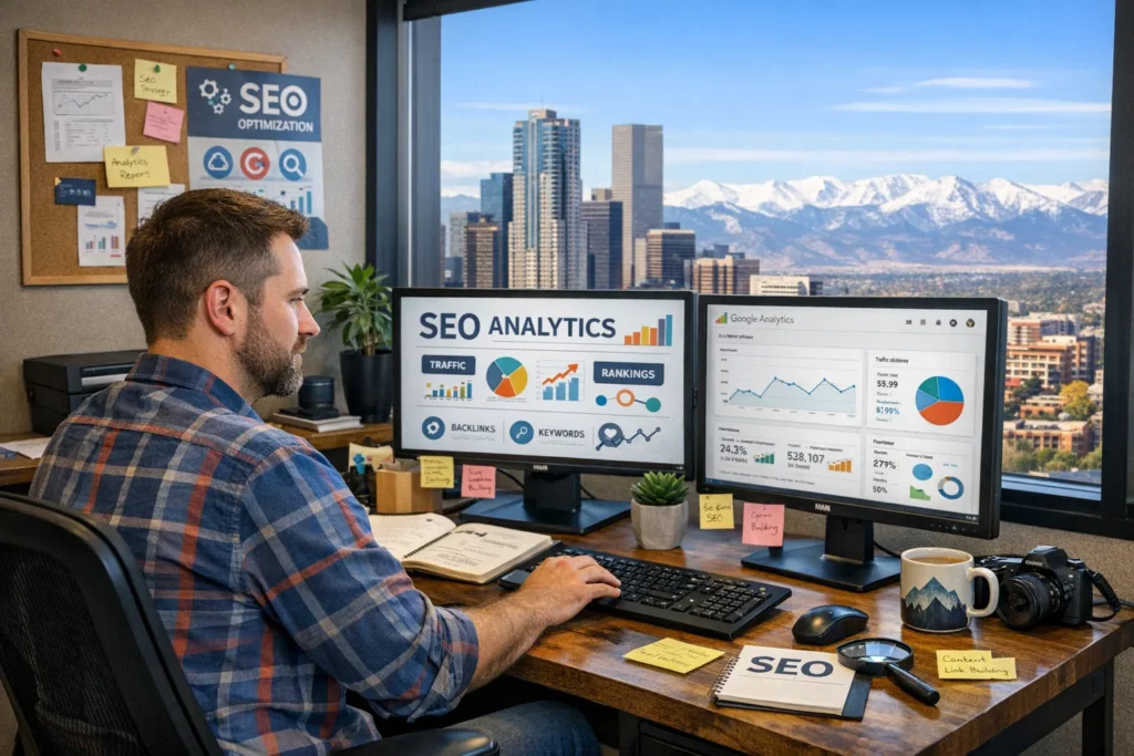 Search engine optimization specialist reviewing keyword data in a Denver, CO workplace