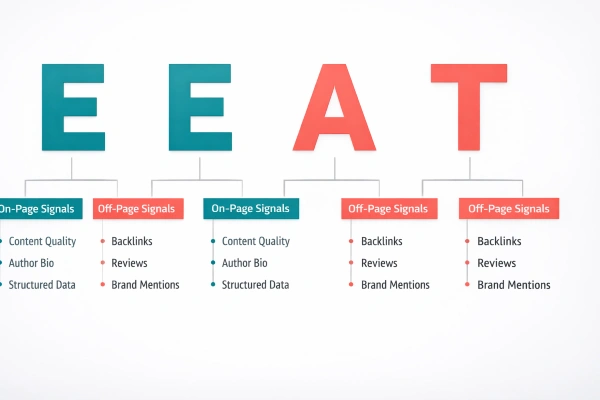 EEAT framework mapped to on-page and off-page SEO signals