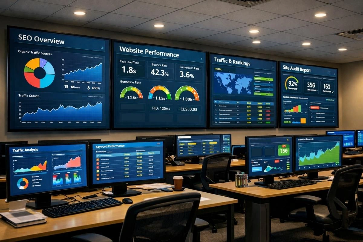 Enterprise SEO analytics dashboard in corporate command center