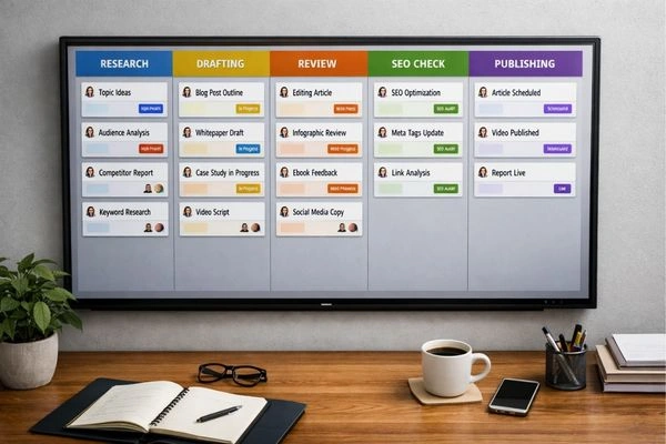 Enterprise SEO content production workflow board
