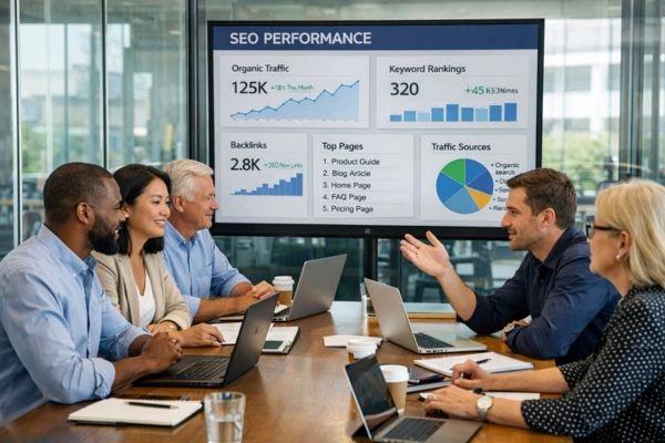 Cross-functional enterprise SEO strategy meeting