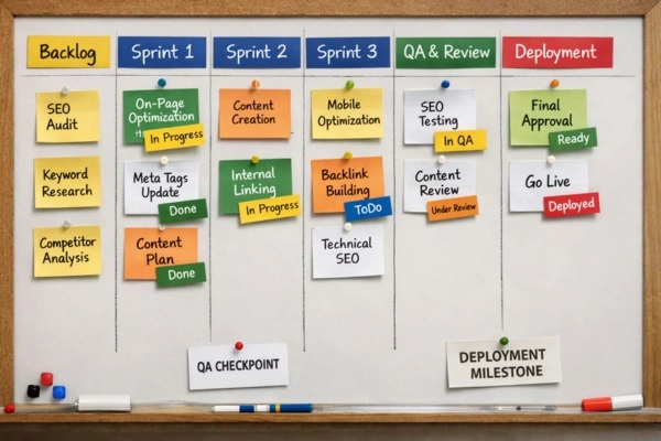 Enterprise SEO Vs Traditional SEO In 2026: 10 Differences That Actually Matter 7 Enterprise SEO phased deployment board with sprint cycles and QA checkpoints