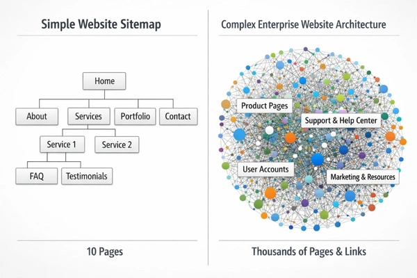 Enterprise SEO Vs Traditional SEO In 2026: 10 Differences That Actually Matter 1 Small website sitemap compared to complex enterprise site architecture with thousands of pages