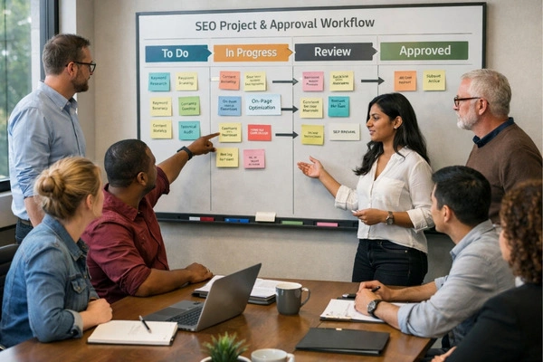 Enterprise SEO Vs Traditional SEO In 2026: 10 Differences That Actually Matter 3 Cross-functional team collaborating on enterprise SEO stakeholder approval process