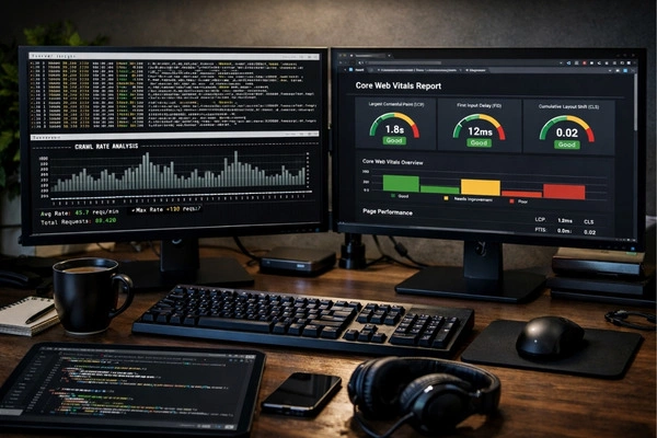 Enterprise SEO Vs Traditional SEO In 2026: 10 Differences That Actually Matter 2 Developer analyzing server log files and crawl data for enterprise technical SEO