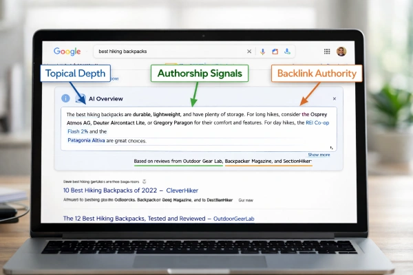 Google AI Overview result with on-page and off-page ranking signals highlighted