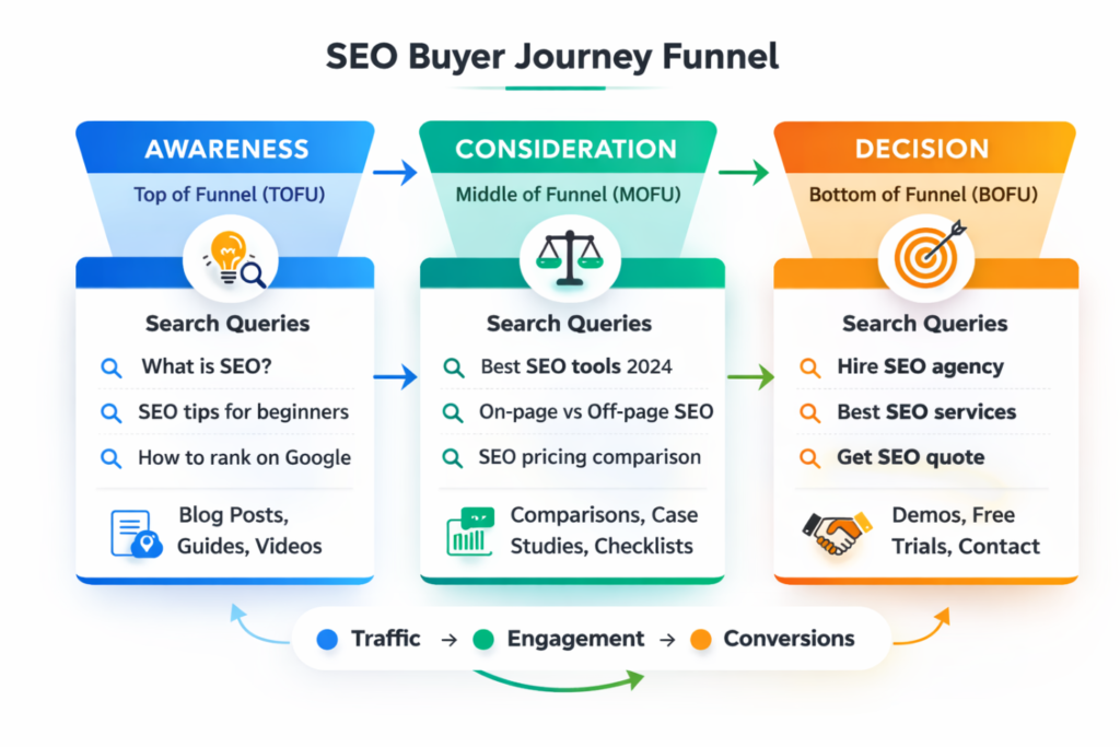 Buyer journey stages with search queries for SEO content