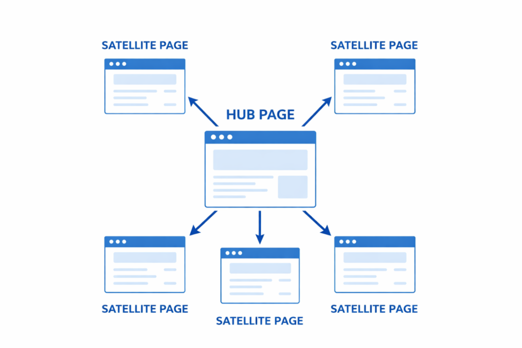 Internal linking structure connecting SEO content hub pages