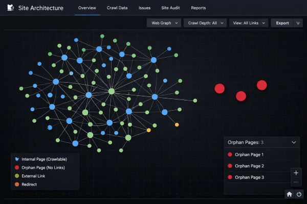 Internal linking structure with orphan pages highlighted