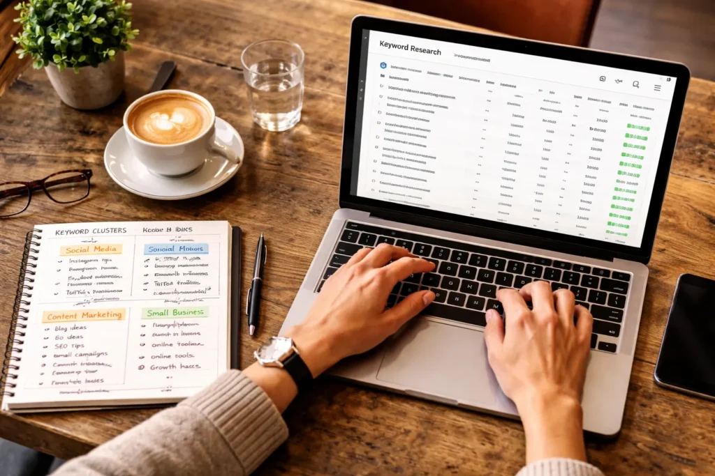 Marketer doing keyword research for SEO content planning