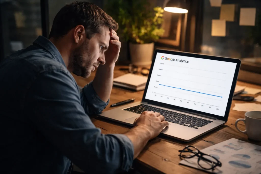 Business owner reviewing flat SEO traffic from poor content strategy