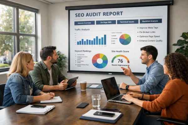 Marketing team reviewing on-page SEO audit report