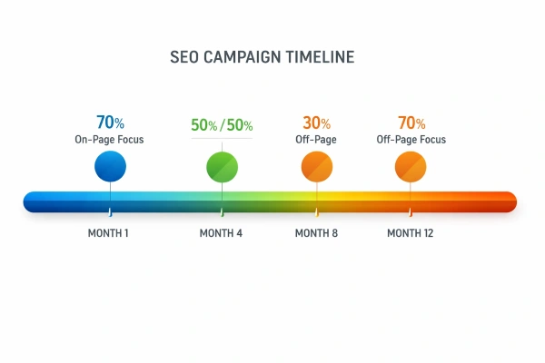 12-month SEO budget timeline shifting from on-page to off-page focus