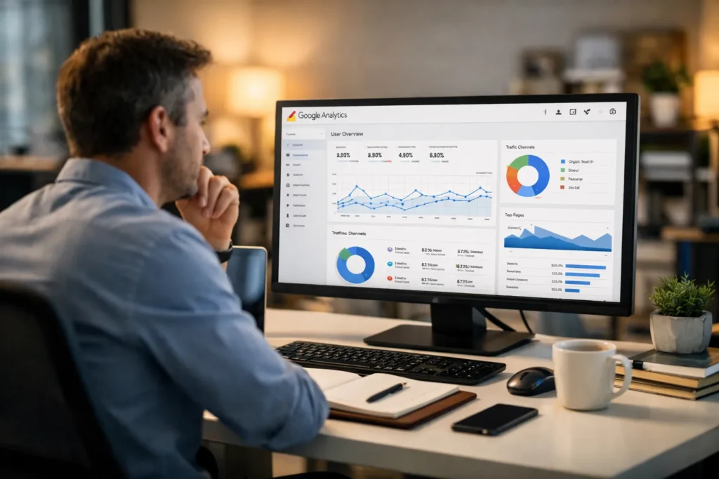 Content strategist reviewing SEO analytics showing importance of content