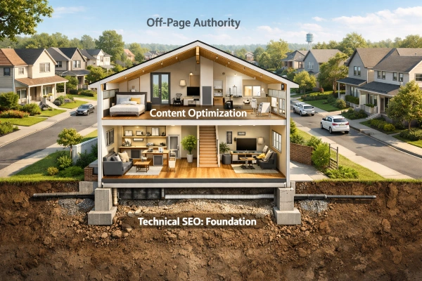 Technical SEO foundation with content and off-page layers illustrated