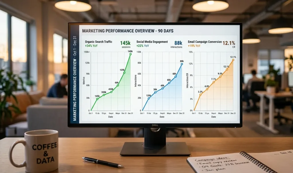 90-day digital marketing performance dashboard tracking 3-3-3 rule results