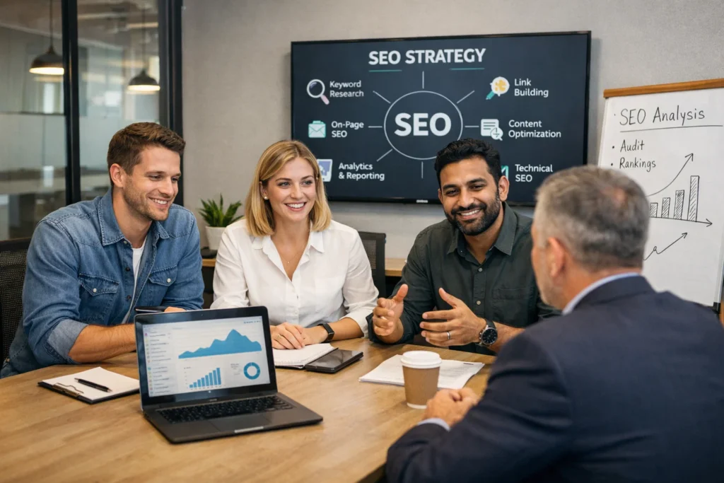SEO consultants meeting with a client in a contemporary office space in Denver, CO