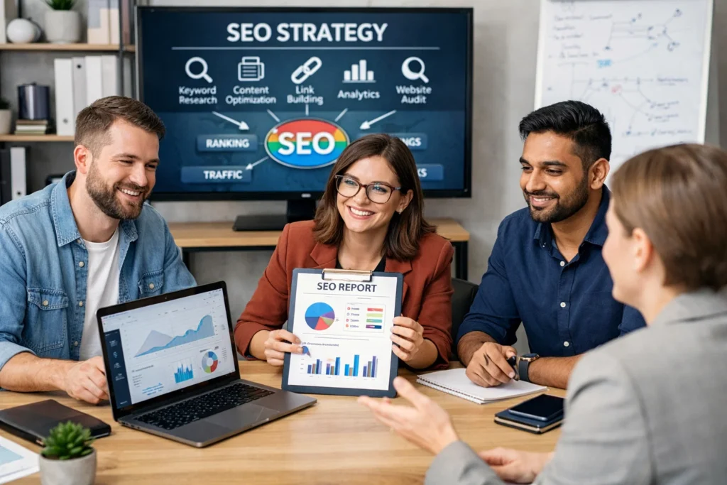 SEO experts collaborating with a client in a modern office in Denver, CO