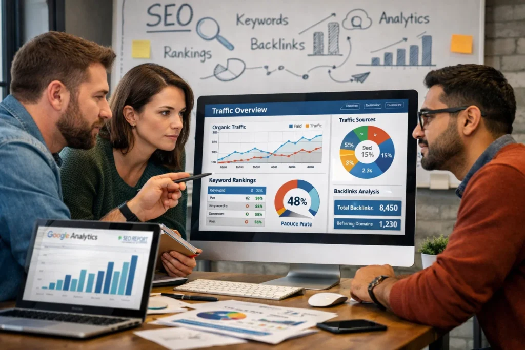 SEO experts reviewing website performance metrics in Denver, CO