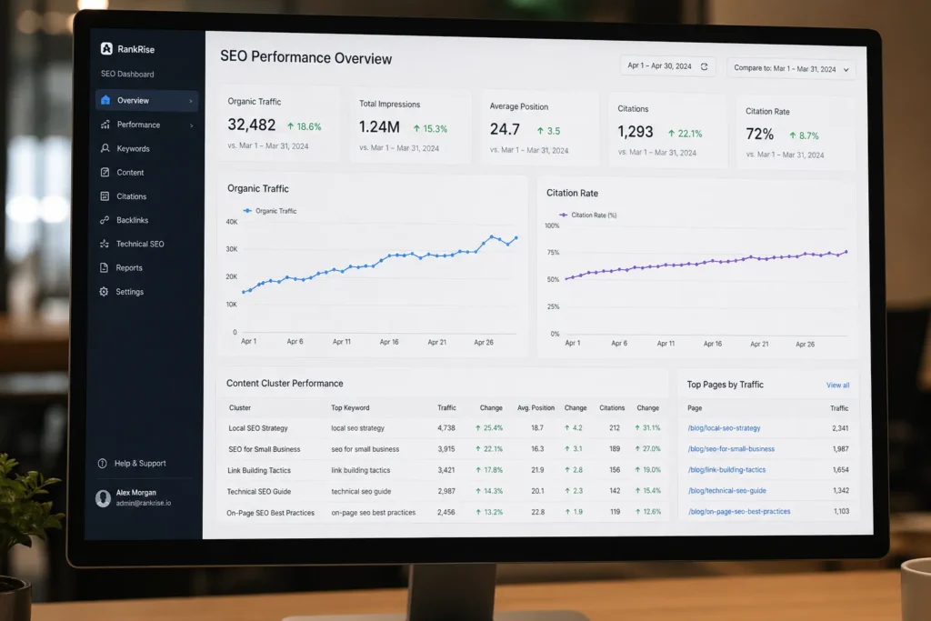 SEO analytics dashboard showing AI citation rates for clustered content
