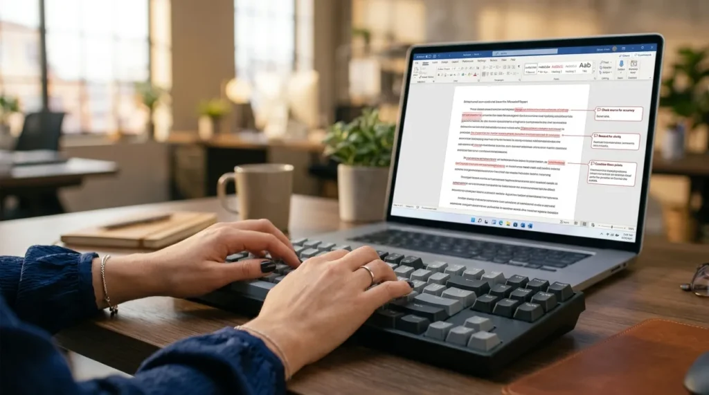 Google Core Updates 2026: Timeline, Changes & Recovery 3 Editor reviewing AI-generated content with tracked changes for quality control