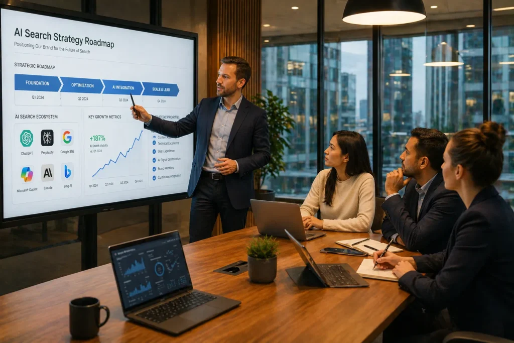 Will AI Replace SEO? What Smart Businesses Need To Know 4 Business team planning AI search strategy around digital whiteboard with SEO data
