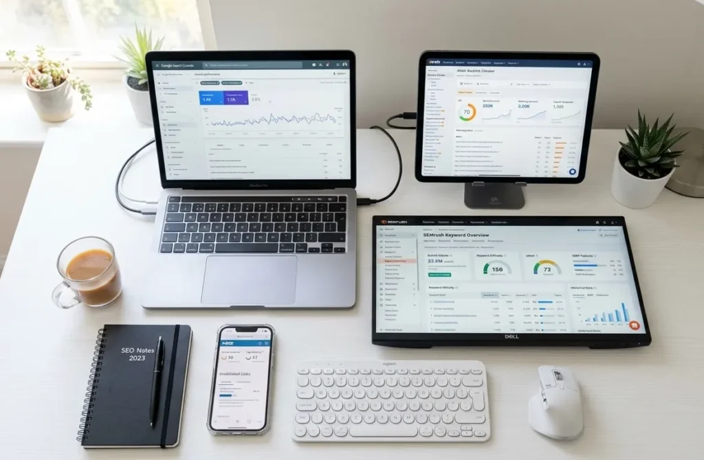 SEO backlink tools displayed on multiple devices for comparison