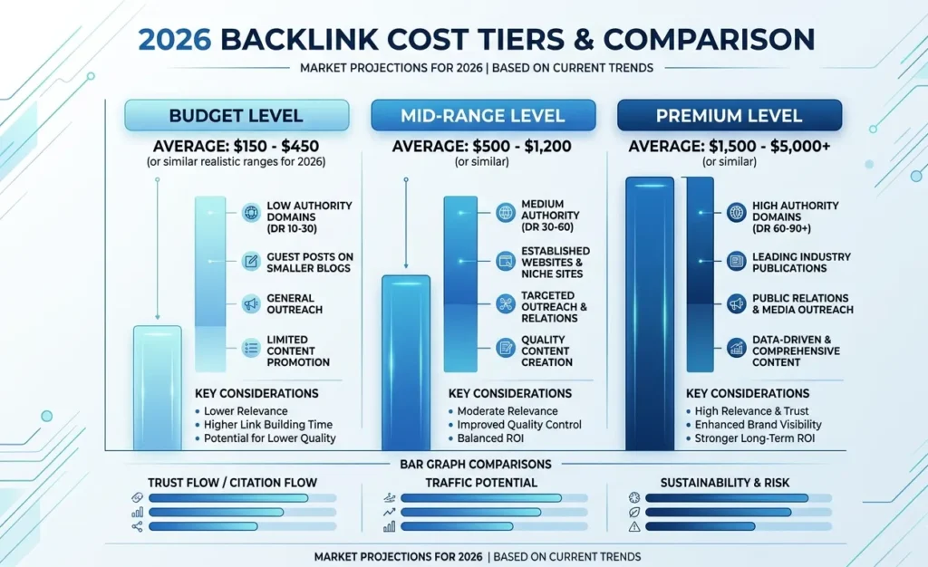 Backlink cost comparison chart showing budget to premium tiers 2026
