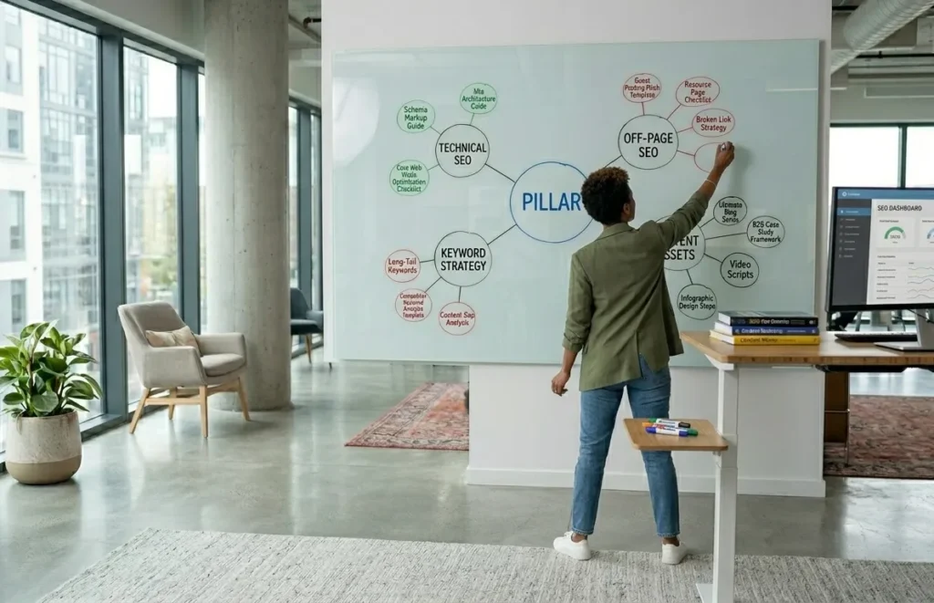 Content strategist mapping a topic cluster framework on a glass whiteboard