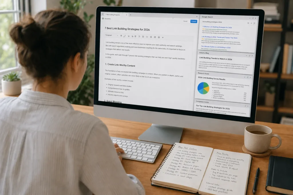 Content strategist creating linkable assets for link building campaign