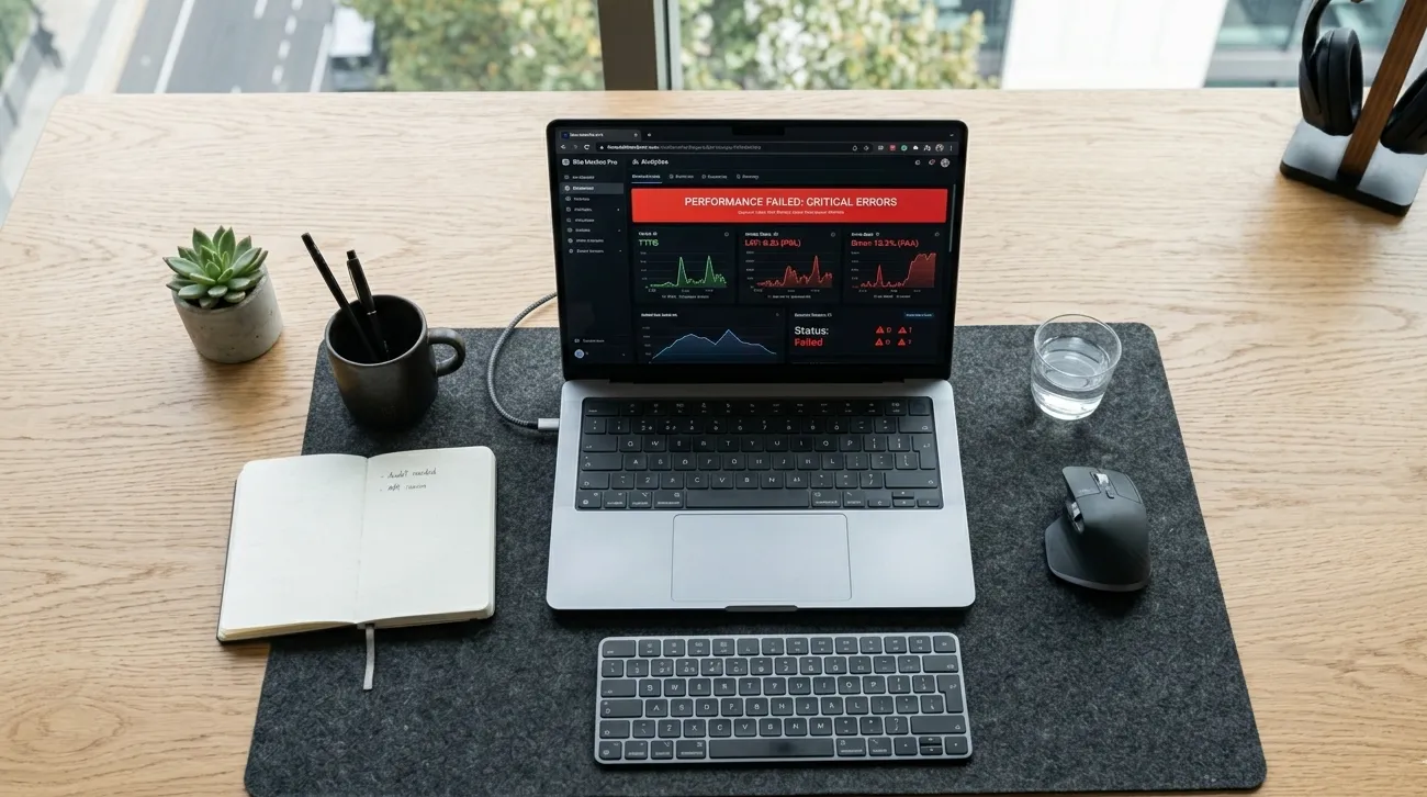 Blog 8 Laptop showing failed Core Web Vitals assessment result in PageSpeed Insights dashboard