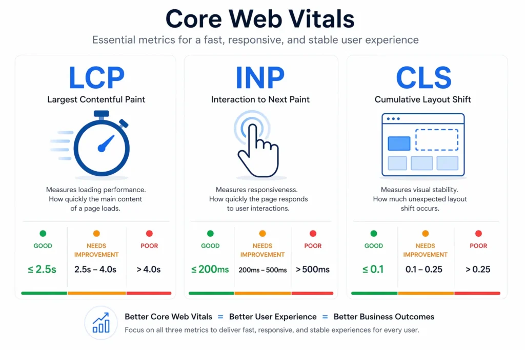 How To Fix A Failed Core Web Vitals Assessment In 2026 1 Infographic comparing the three Core Web Vitals metrics and their good thresholds