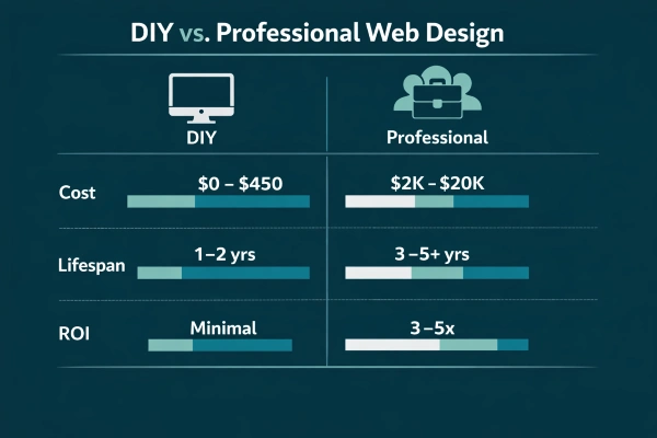 Infographic comparing DIY website builder versus professional web design costs, lifespan, and ROI in 2025-2026