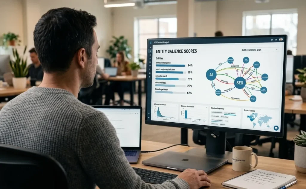 SEO professional reviewing entity salience scores on analysis tool
