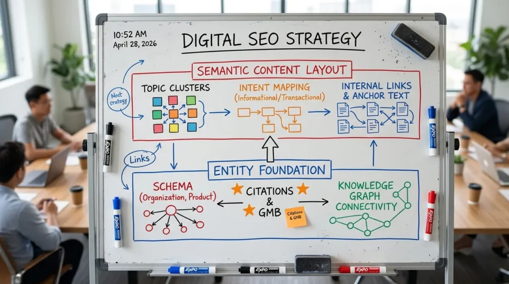 Entity SEO Vs Semantic SEO: What's Different In 2026 3 Whiteboard showing entity SEO and semantic SEO combined strategy workflow